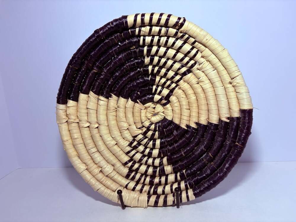 Handwoven African Coiled Basket Wall Decor Black and Natural Spiral 10 Inches